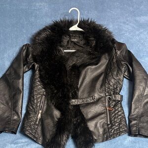 AKIRA Black Leather Jacket with Fur Collar
